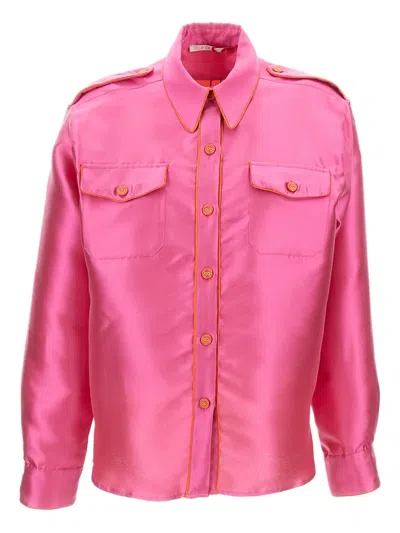 Pinag Contrast-piping Flap-pockets Silk Shirt In Pink