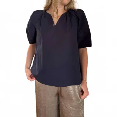 Pinch Amy V-neck Cotton Puff Sleeve Top In Navy In Blue
