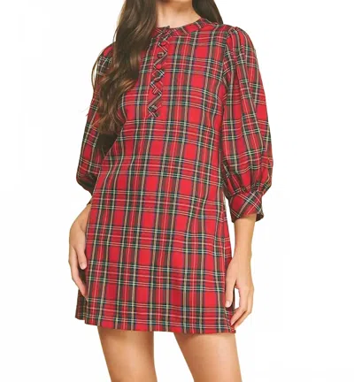 Pinch Andrea Holiday Buttoned Puff Sleeve Mini Dress In Red Plaid In Multi