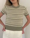 Pinch Ariana Eyelet Stripe Short Sleeve Sweater In Olive In Green