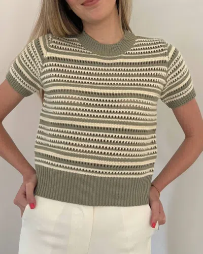 Pinch Ariana Eyelet Stripe Short Sleeve Sweater In Olive