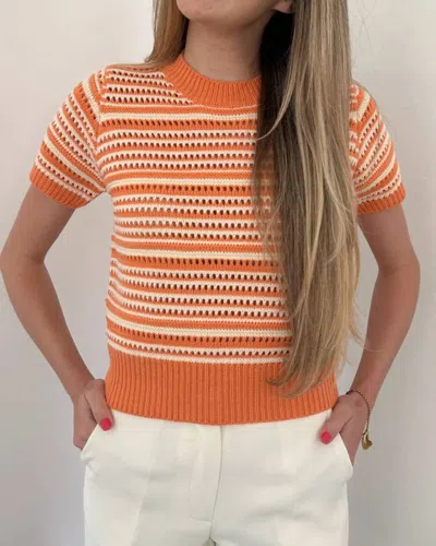 Pinch Ariana Eyelet Stripe Short Sleeve Sweater In Orange