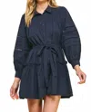 Pinch Button Down Belted Mini Dress In Navy In Blue