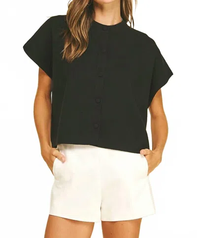 Pinch Button Down Cap Sleeve Sweater In Black