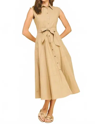 Pinch Button Down Midi Dress In Khaki In Brown