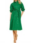 Pinch Button Down Midi Dress With Tucked Sleeve In Emerald Green In Green