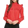 Pinch Button Down Ruffle Blouse In Red In Red