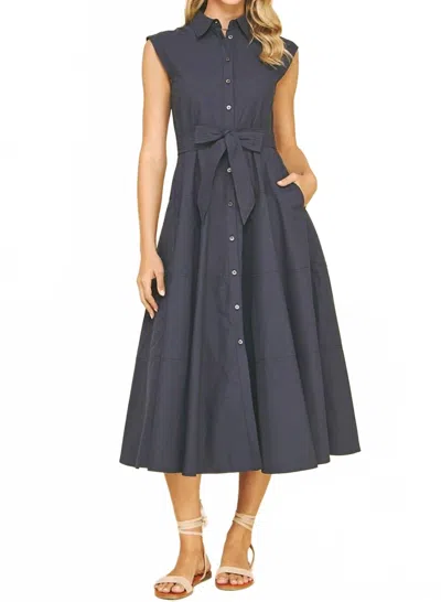 Pinch Button Down Sleeveless Midi Dress In Navy Blue