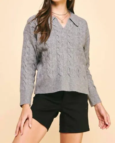 Pinch Cable Knit Collared Sweater In Heather Grey