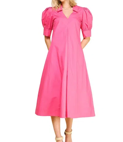 Pinch Camille V Neck Pleated Dress In Fuchsia In Pink