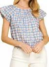Pinch Checker Cherry Print Blouse In Blue/cream In Blue