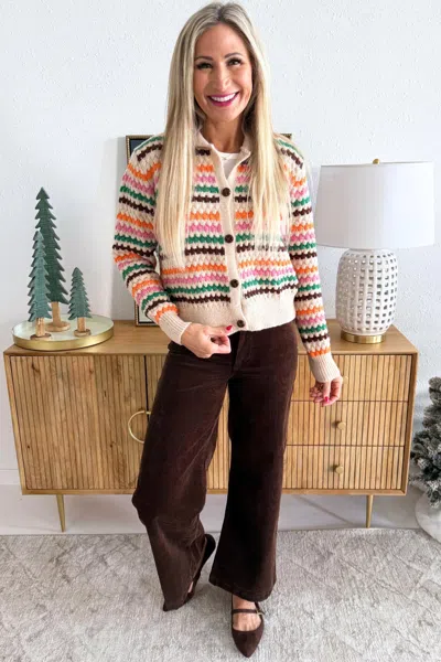 Pinch Collared Button Up Stripe Long Sleeve Sweater In Oatmeal Multi