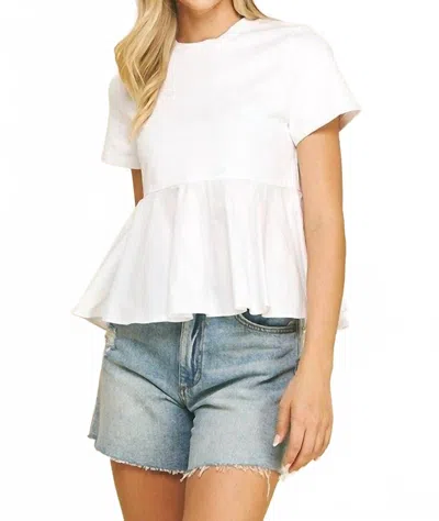 Pinch Contrast Shirring Peplum Top In White