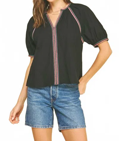 Pinch Contrast Stitch V-neck Top In Midnight Black In Green