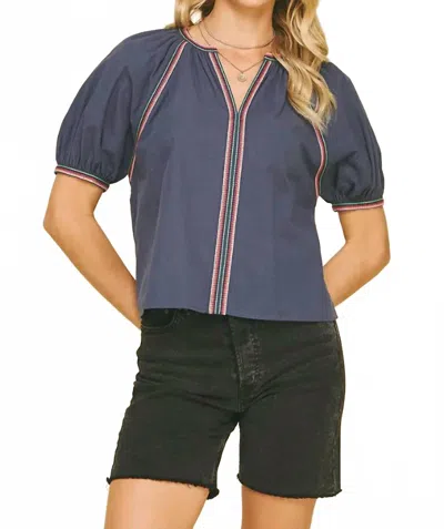 Pinch Contrast Stitch V-neck Top In Navy Blue In Gray