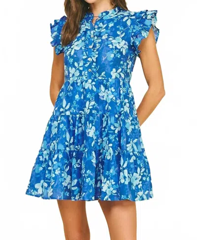 Pinch Cotton Floral Ruffled Sleeve Tiered Mini Dress In Blue