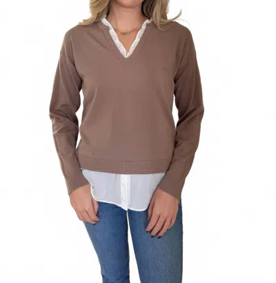 Pinch Dori Knit Woven Combo Long Sleeve Top In Mocha In Brown