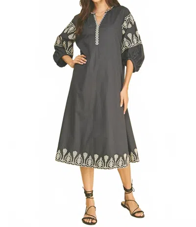 Pinch Embroidered Puff Sleeve Midi Dress In Charcoal Grey