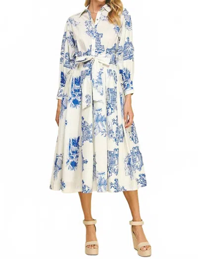 Pinch Everly Toile Print Midi Dress In Ivory Blue