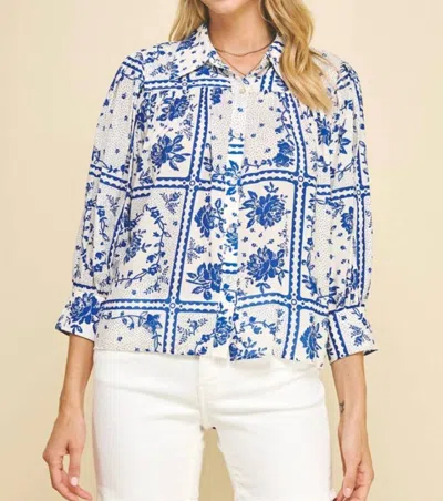 Pinch Floral Button Down Blouse In Blue