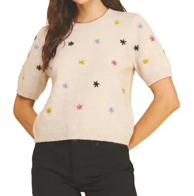 Pinch Floral Embroidered Short Sleeve Sweater In Ivory In Neutral