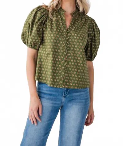 Pinch Floral Puff Sleeve Blouse In Green In Brown