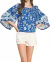 Pinch Floral Wide Sleeve Top In Baja Blue In Blue