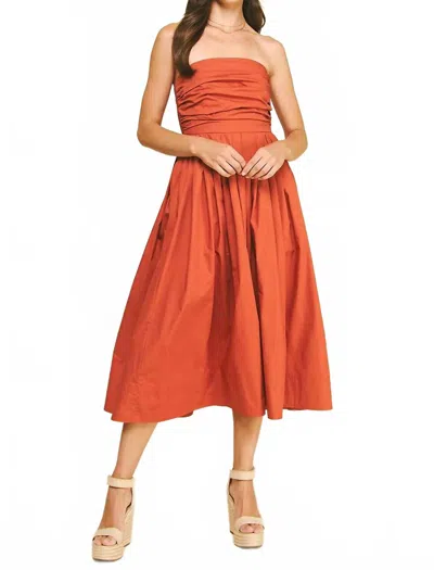 Pinch Florence Shirred Strapless Midi Dress In Rust In Orange