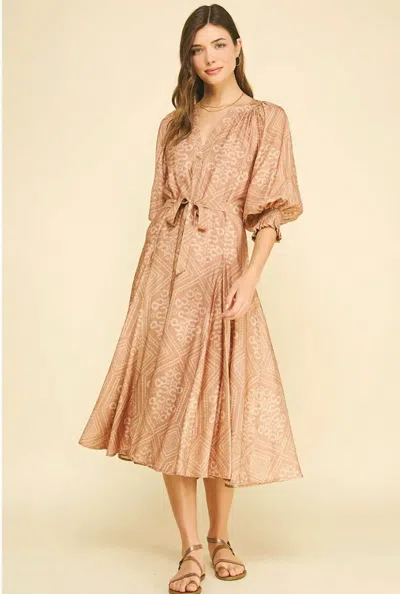 Pinch Geometric Print V-neck Midi Dress In Brown