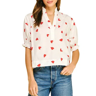 Pinch Heart Print V Neck Blouse Top In White/red In Multi
