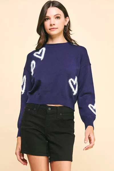 Pinch Heart Pullover Sweater In Navy In Blue