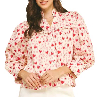 Pinch Hearts Pattern Blouse Top In Pink