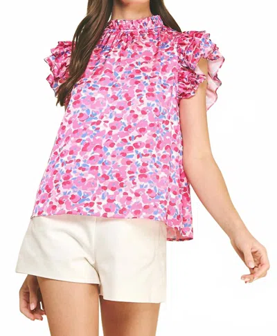 Pinch Kirby Pattern Flutter Sleeve Top In Bright Blue & Bright Pink Multi