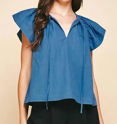 Pinch Lane Flutter Sleeve Blouse In Indigo In Blue