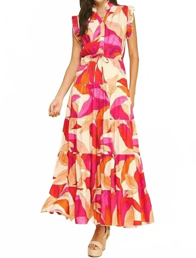 Pinch Leaf Print Button Down Tiered Dress In Multi