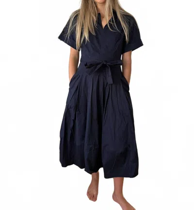 Pinch Lizbeth Cotton Drop Waist Belted Midi Dress In Navy In Blue