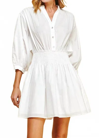 PINCH MOLLY MANDARIN COLLAR SMOCKED MINI DRESS IN WHITE
