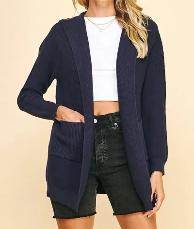 Pinch Open Front Hooded Cardigan In Navy In Blue
