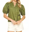 Pinch Pick Me First Floral Puff Sleeve Top In Olive In Green