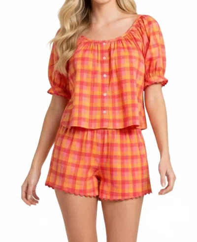 Pinch Plaid Rick Rack Blouse In Orange/ Red In Multi