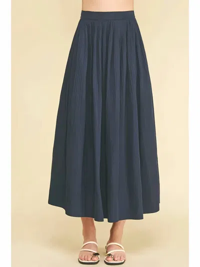 Pinch Pleated A-line Midi Skirt In Navy In Blue