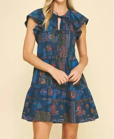 Pinch Print Tie Front Mini Dress In Navy In Blue
