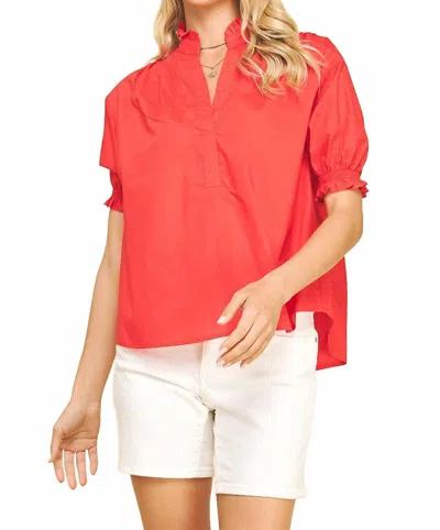 Pinch Puff Sleeves V-neck Top In Red