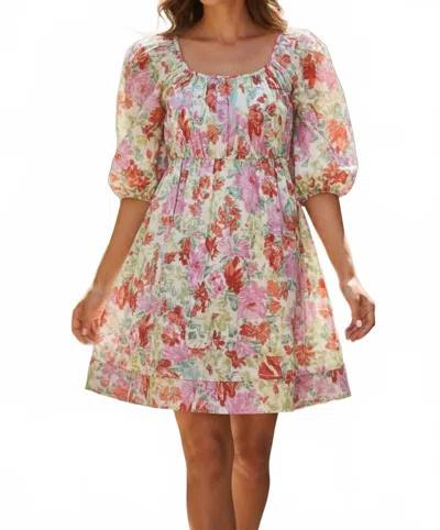 Pinch Puffy Sleeve Floral Mini Dress In Coral Multi In Brown