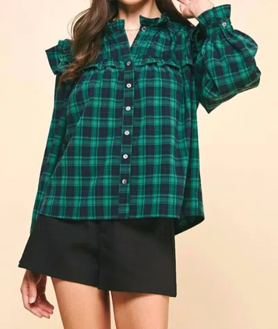 Pinch Ronda Plaid Ruffle Trim Blouse In Green