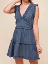 Pinch Ruffle Detail Mini Dress In Dusty Blue In Blue