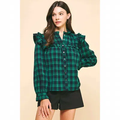 Pinch Ruffle Plaid Blouse In Green