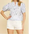 Pinch Tally Puff Sleeve Top In Powder Blue Floral In Blue