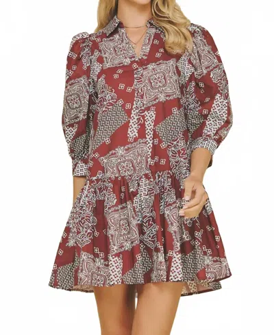 Pinch Scottie Print Tiered Mini Dress In Burgundy In Multi