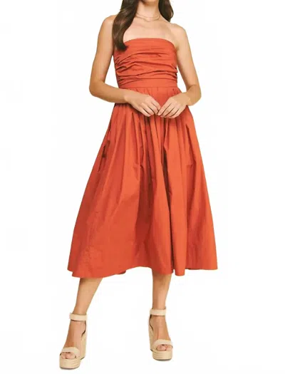 Pinch Shirring Strapless Midi Dress In Orange